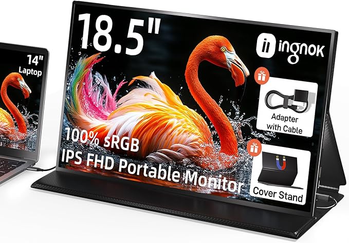 Ingnok Portable Monitor, 18.5 Inch FHD 1080P 100% sRGB Laptop Screen Extender USB C HDMI Portable Gaming Monitor w/Smart Cover & Speakers, External Monitor for Laptop Mac PC