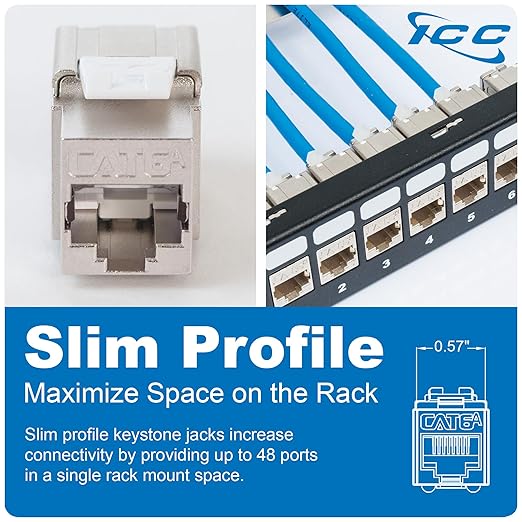 ICC Shielded FTP CAT6A Keystone Jack with Slim Profile 180 Degree Punch Down, 10Gbps RJ45 UL Listed PoE++ TAA Compliant for Wall Plate or Patch Panel, Works with JackEasy Termination Tool