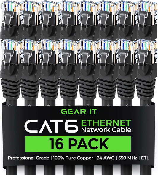GEARit Cat 6 Ethernet Cable (16-Pack 1 Foot) Cat6 Network Patch, 10Gbps, RJ45, Snagless Cord, Gold-Plated Connectors, Internet for PC, TV, Tablet, Router, Printer, Servers, IT Data Center - Black