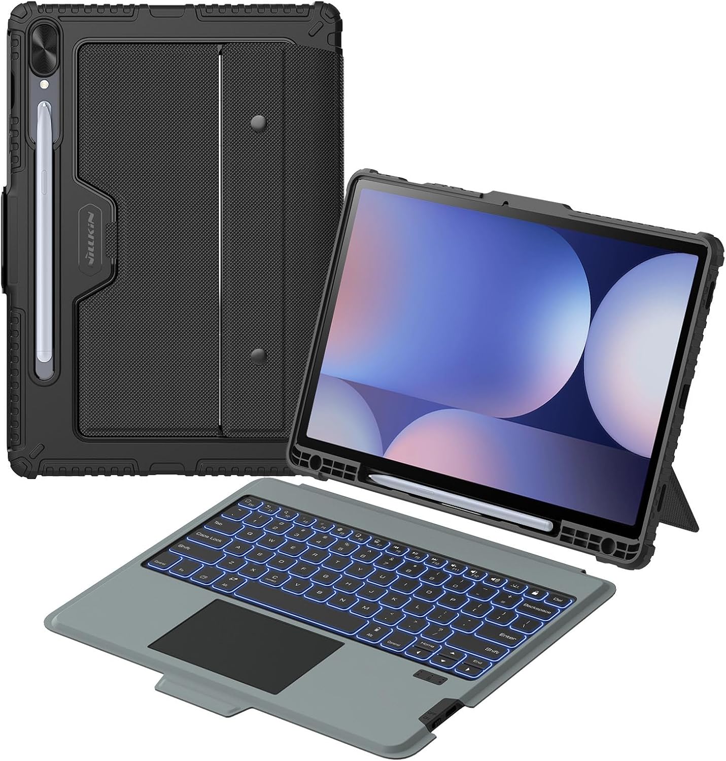 Nillkin for Samsung Galaxy Tab S10 Plus/S9 Plus 12.4" Case with Detachable Keyboard, 7-Color Backlit, Trackpad, S Pen Holder, Rugged Keyboard Case with Camera Cover for Samsung Tablet S9+/S10+ 5G