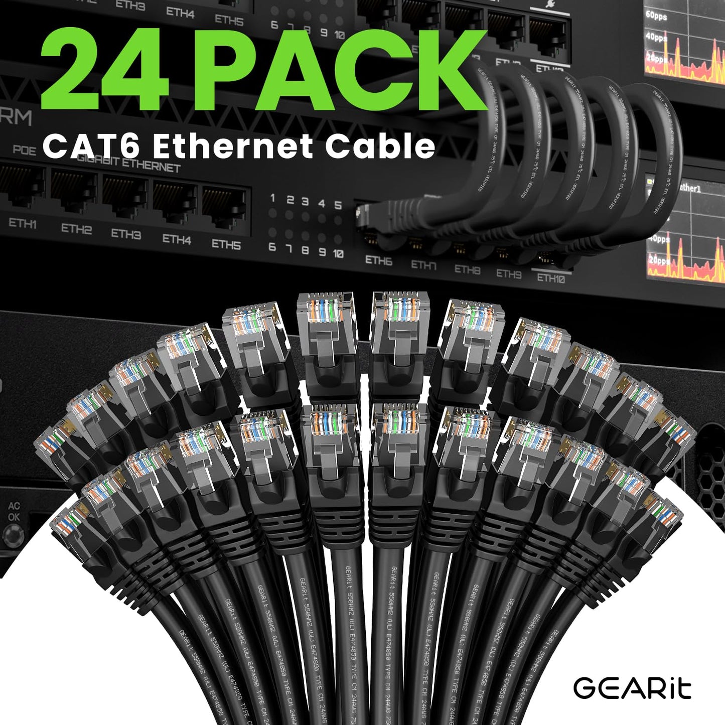 GearIT Cat 6 Ethernet Cable Pack - 24-Pack 2 ft Cat6 Ethernet Patch Cables | RJ45 Network Patch Cable, 10 Gbps Snagless Gold-Plated Connectors - Ethernet Cable Cat 6 for PC, TV, Router - Black
