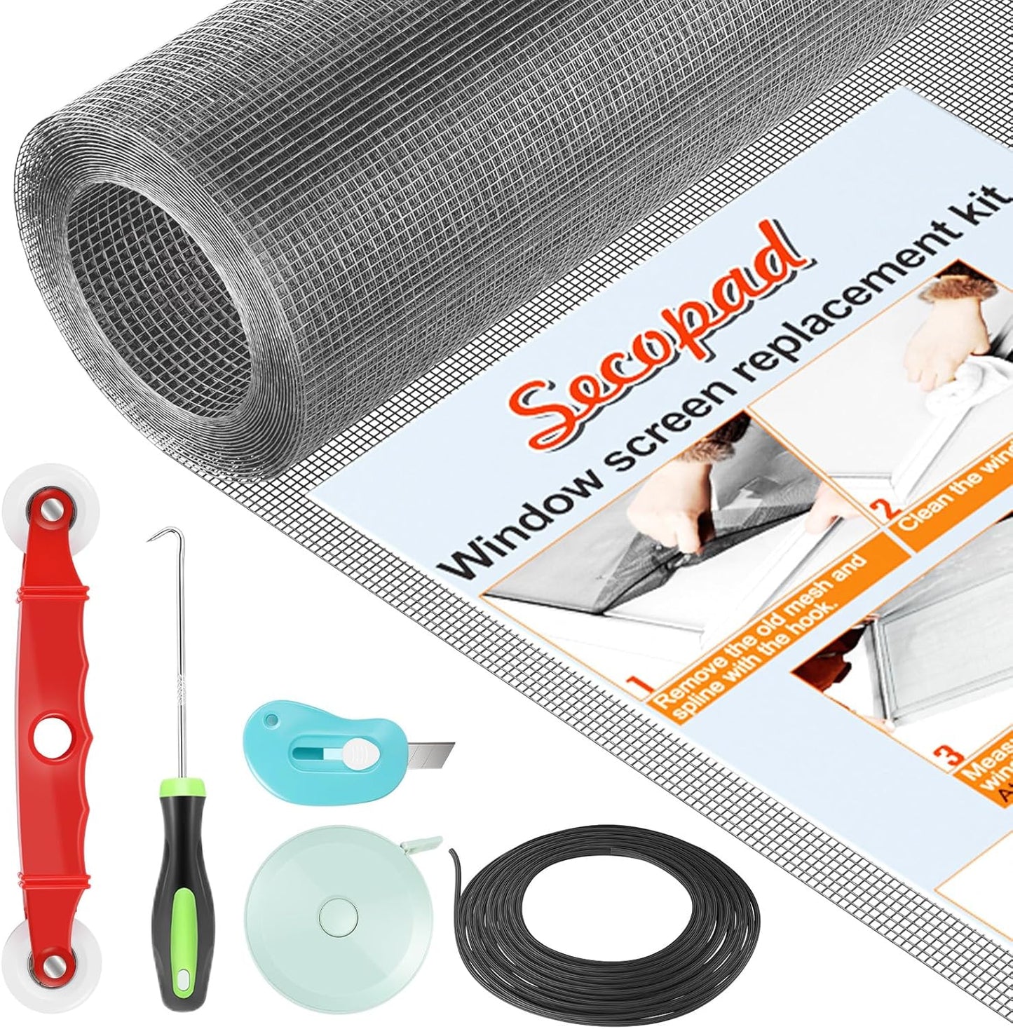Window Screen Door Repair Kit, 39" x 78" Screen Door Mesh Replacement Kit, Durable Fiberglass Mesh Screen Roll with Tools for Windows Doors Patio and Porch Screens Replacement, Grey