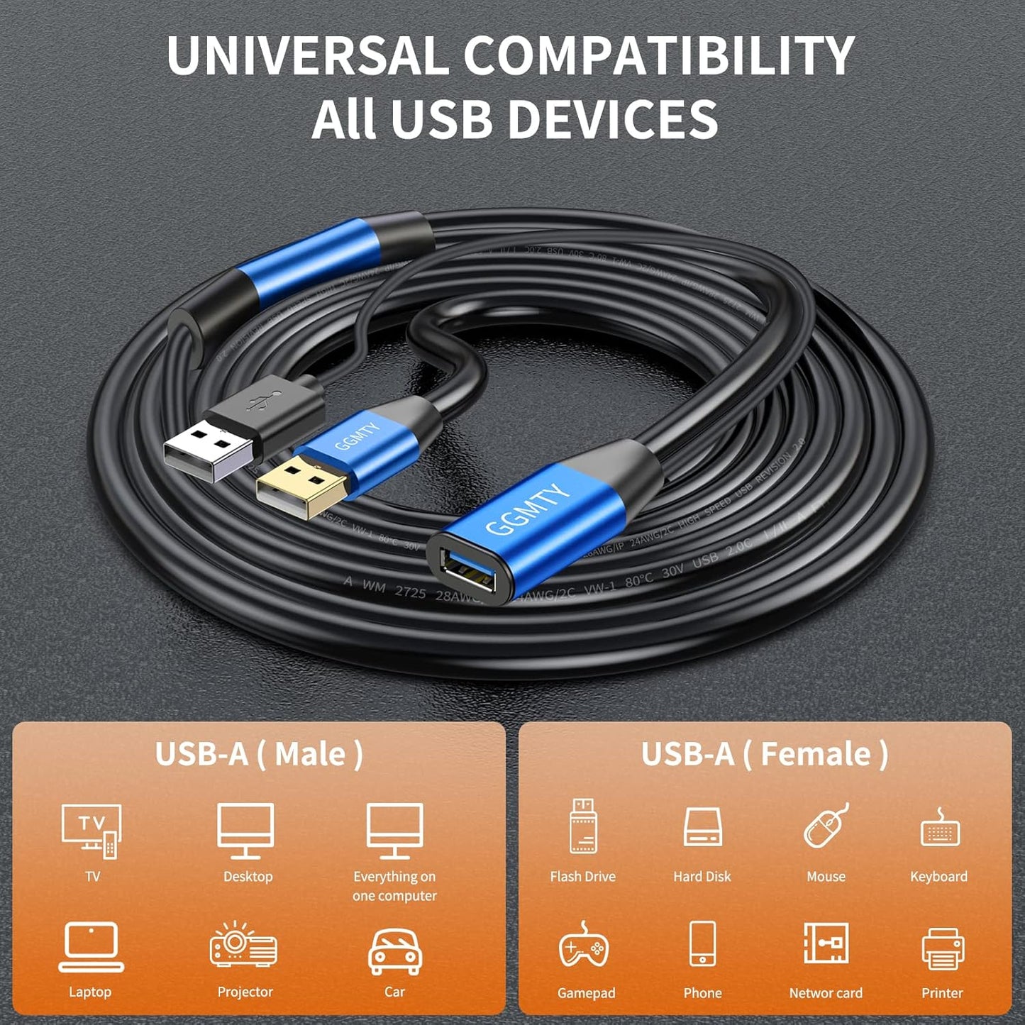 USB 2.0 Type A Male to A Female Active Repeater Extension Cable 100ft, High Speed 480 Mbps