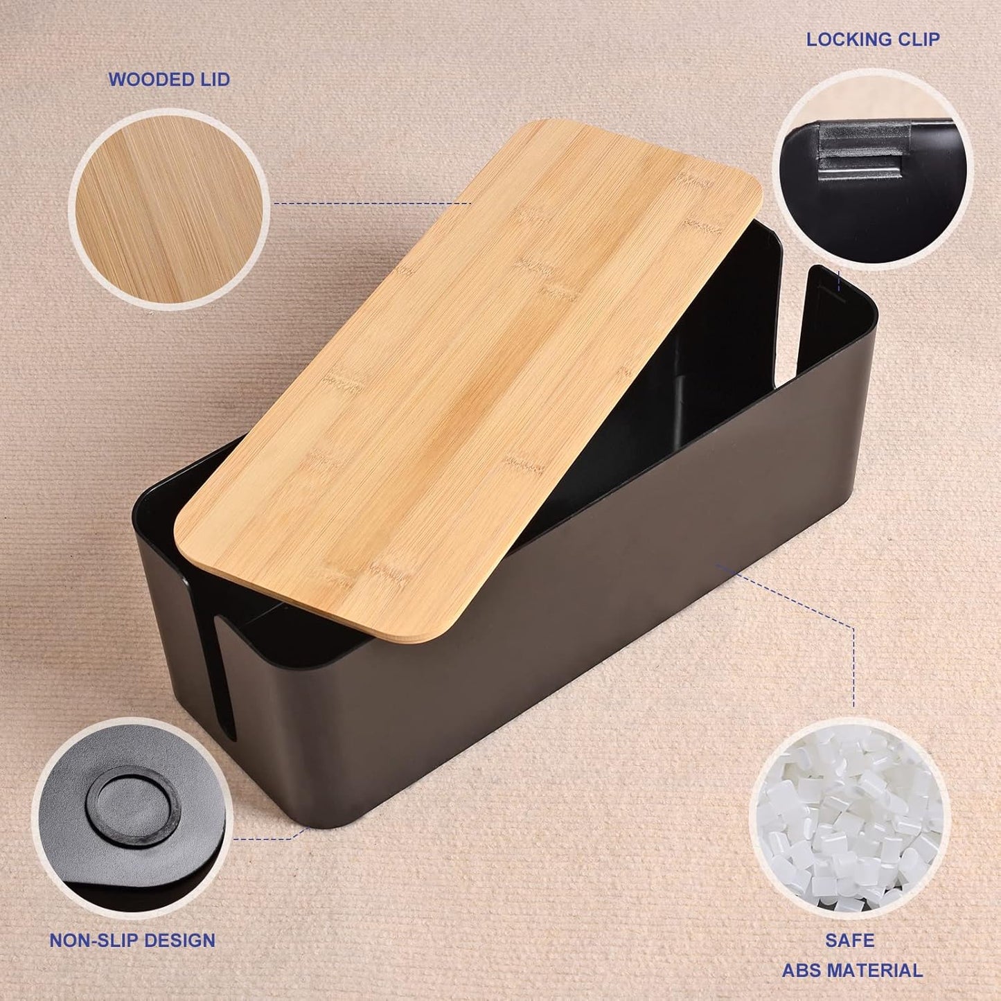 Cable Management Box - Wooden Style Cord Organizer Box to Hide Wires & Power Strips | Desk Computer Cable Organizer Box | Safe ABS Material | 12.6" (L) x 5.3" (W) 4.9" (H) | for Home & Office - Black
