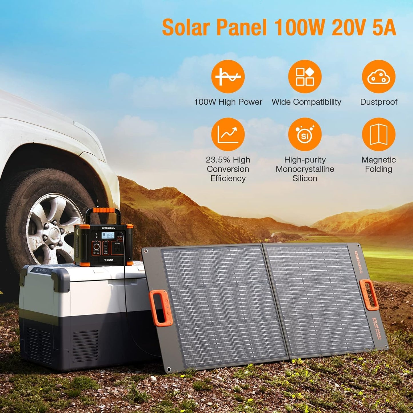 GRECELL 100W Portable Solar Panel for Power Station Generator, 20V Foldable Solar Cell Solar Charger with High-Efficiency Battery Charger for Outdoor Camping Van RV Trip