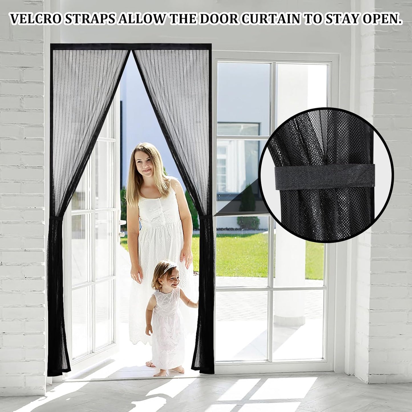 Magnetic Screen Door - Self Sealing, Heavy Duty, Hands Free Mesh Partition Keeps Bugs Out Let Breeze in- Pet and Kid Friendly - Keep Open Feature (Black, Fit Door Size 36 x 96 Inch)