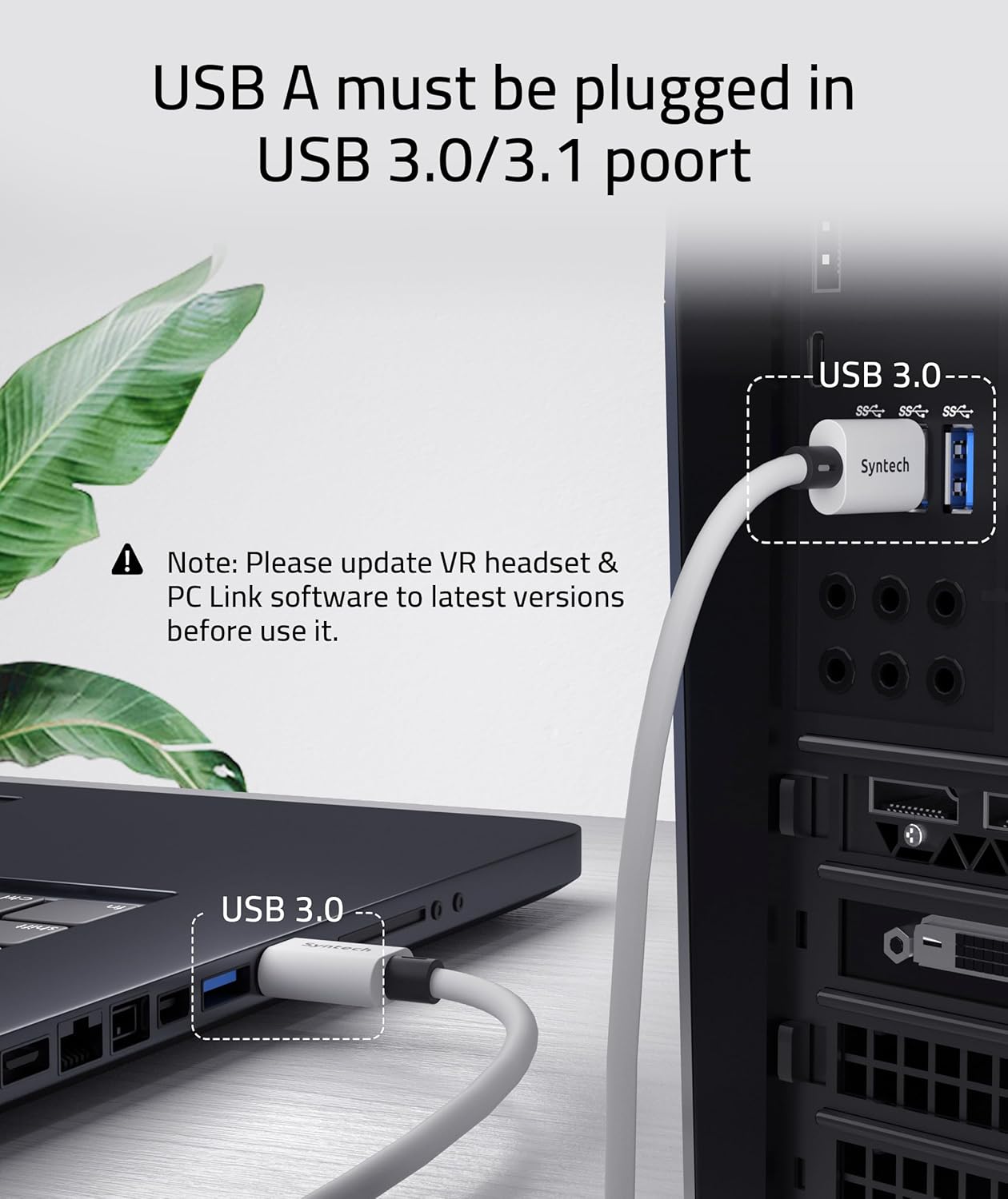 Syntech Link Cable 10 FT Compatible with Oculus/Meta Quest 3/Meta Quest 3S, Quest2/Pro/Pico 4/Ultra Accessories and PC/SteamVR, High Speed PC Data Transfer, USB 3.0 to USB C Cable for VR Headset