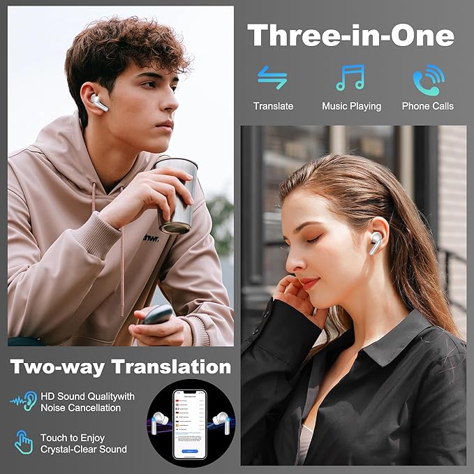 R'hllor AI Translation Earbuds Real Time,Wireless Bluetooth,144 Languages,Real-Time Bidirectional Voice Translation Compatible,with iOS/Android,80-Hour Battery Life,Perfect for Travel & Business