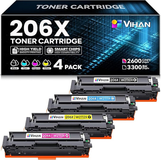Vihan 206X Toner Cartridges High Yield 4 Pack with Chip Replacement for HP 206X Toner Cartridges Set Compatible with Color Pro MFP M283fdw M283cdw Pro M255dw M255 Printer (Black Cyan Yellow Magenta)