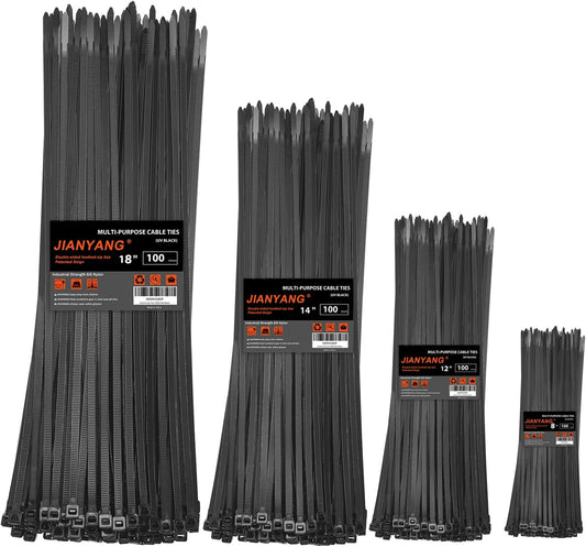 Zip Ties Assorted Size,8+12+14+18 Inch Double Sided Toothed,100 LBS Tensile Strength Heavy Duty Cable Wire Ties With Self-Locking Adjustable More Durable Nylon Tie Wraps for Indoor Outdoor（400 Pack）
