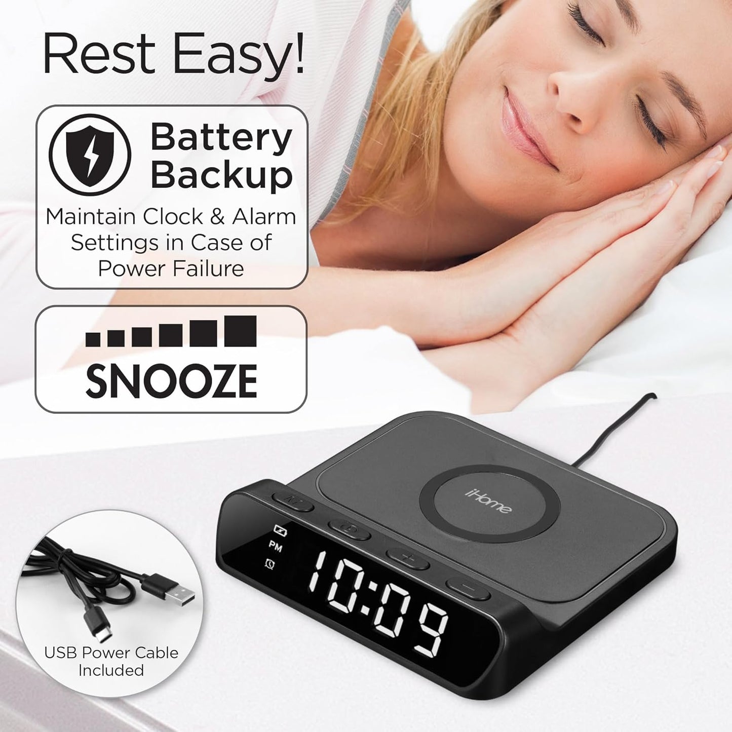 iHome Wireless Charger with Alarm Clock, Compact Digital Alarm Clock for Bedroom, Home Office, or Dorm (iW14)