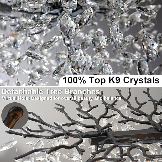 71" Black Crystal Chandelier, 20-Light Modern Tree Branch Chandelier, Luxury Rectangular K9 Crystal Raindrop Chandeliers for Dining Room Kitchen Island Living Room, Contemporary Pendant Light Fixture