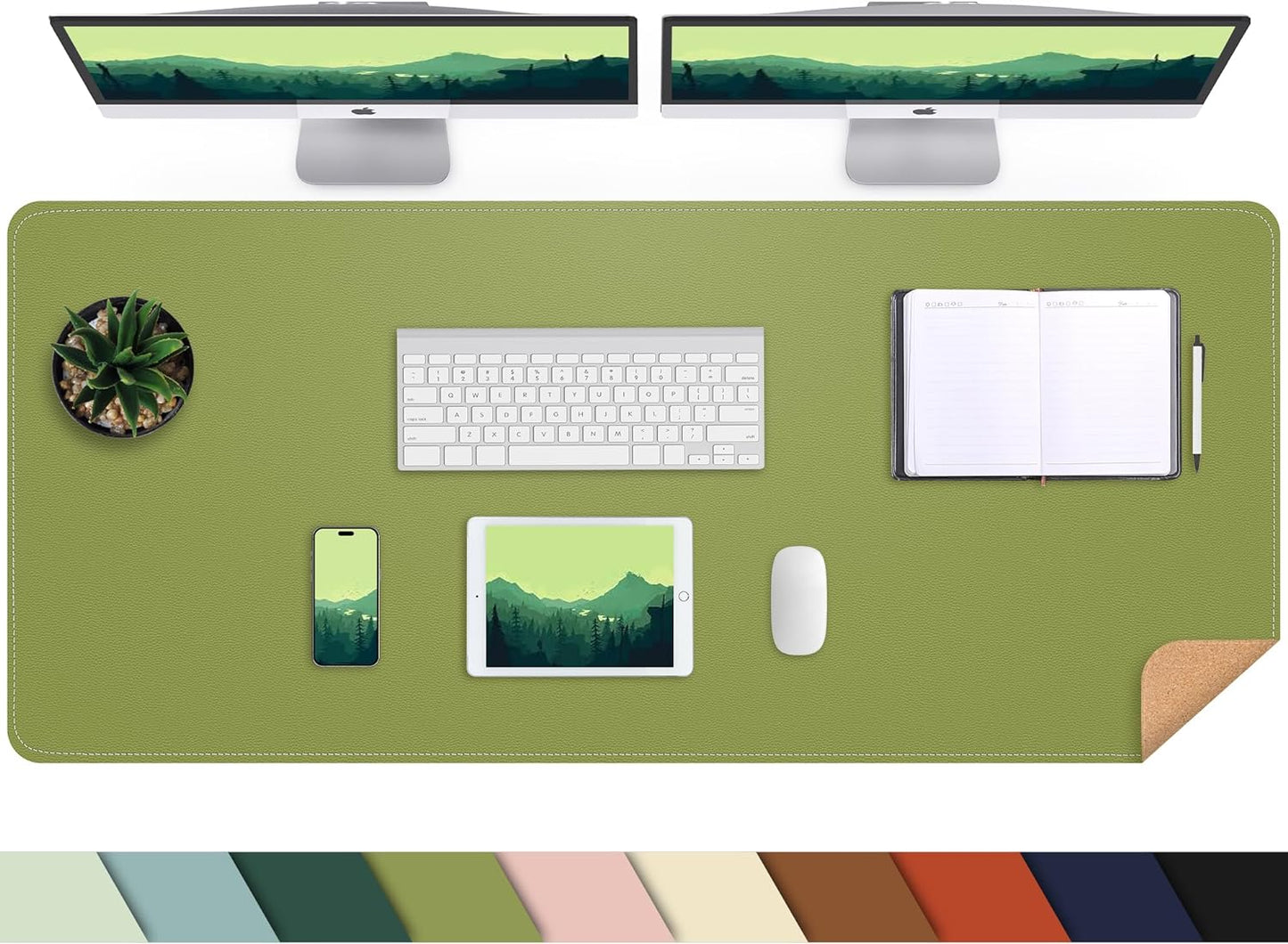 Leather Desk pad Protector, Large Desk mat with Natural Cork & PU Leather,Mouse pad,Non-Slip Office Desk Mat,Waterproof Desk Writing Pad for Office and Home (47in*23.7in, Olive Green)