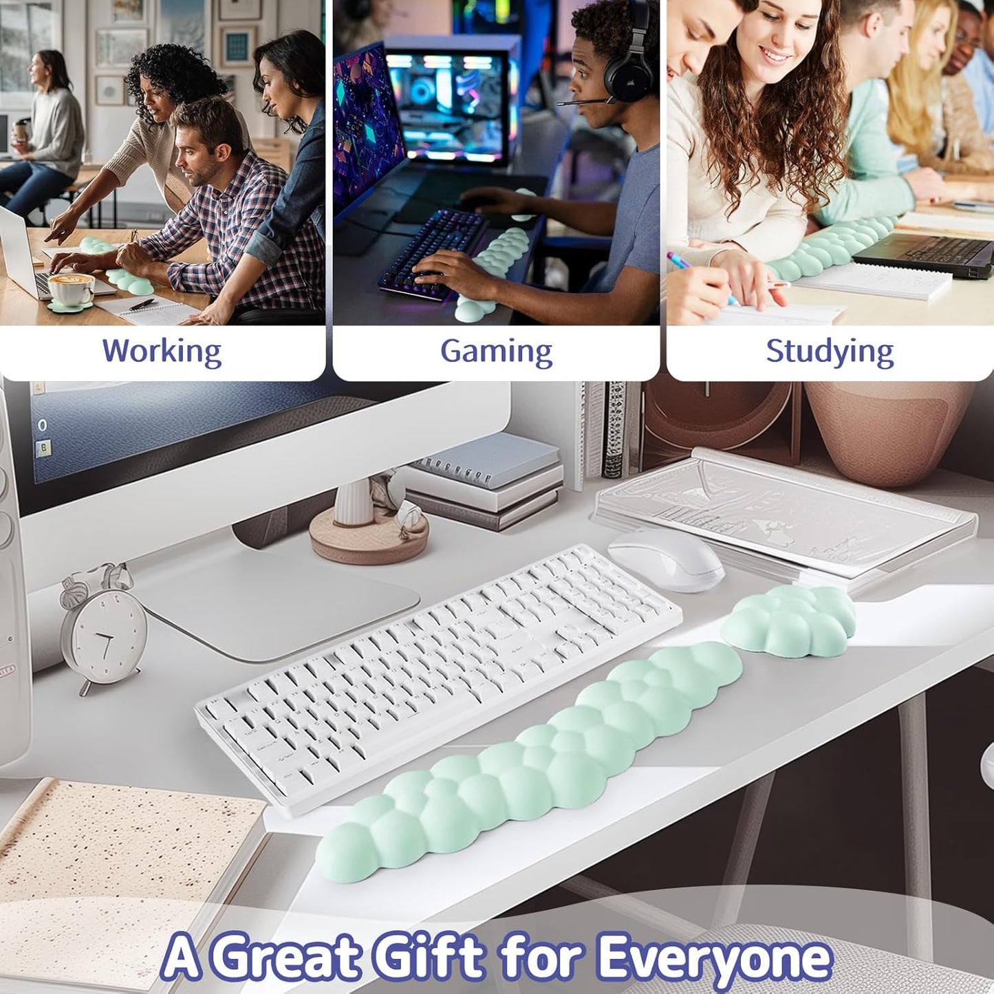 Cloud Wrist Rest for Keyboard and Mouse, Memory Foam PU Leather Keyboard Wrist Rest with Ergonomic Support, Non-Slip Base, Cute Arm Rest Pad & Palm Cushion, Office Desk Accessory, Light Green