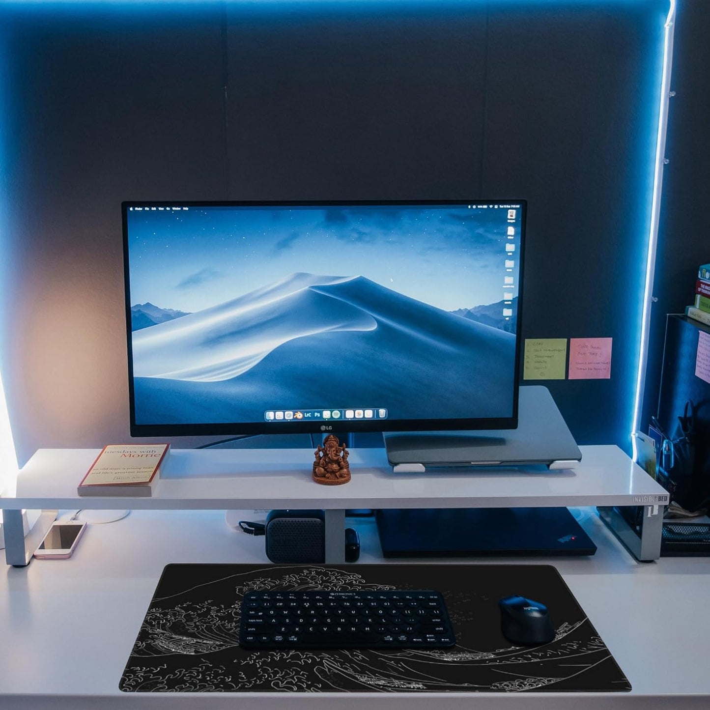 Desk Mat,Black Japanese Sea Wave Desk Pad,Japanese Sea Wave Large Gaming Mouse Pad for Desk,Extended Big Computer Keyboard Mouse Pad with Non-Slip Base and Stitched Edge,31.5"x11.8"