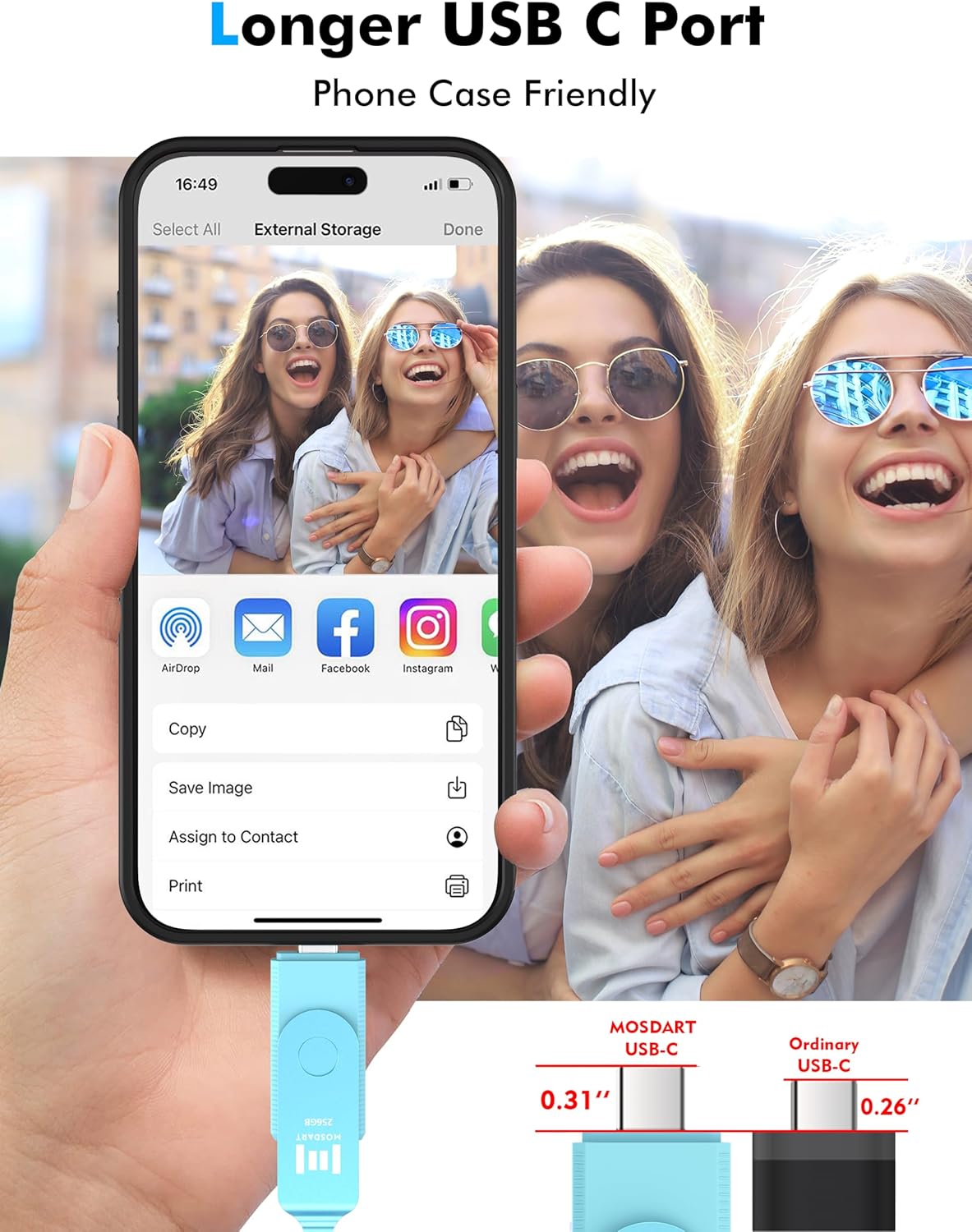 MOSDART 256GB USB3.1 Fast Speed C and A Dual Flash Drive, exFAT Memory Stick with Keychain and LED Indicator, for iPhone 15 and 16, Android Phone, iPad, MacBook, and Other Laptops, Sky Blue