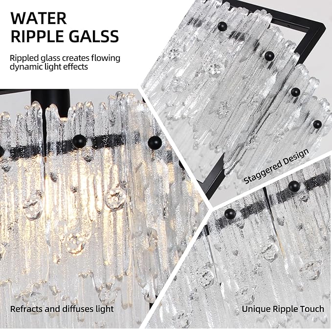 MantoLite Luxe Dining Room Light Fixture Farmhouse Crystal Chandeliers for Dining Room 32" Matte Black Rectangle Design 6-Light Banquet Pendant Light E12 3000K-6000K Compact for