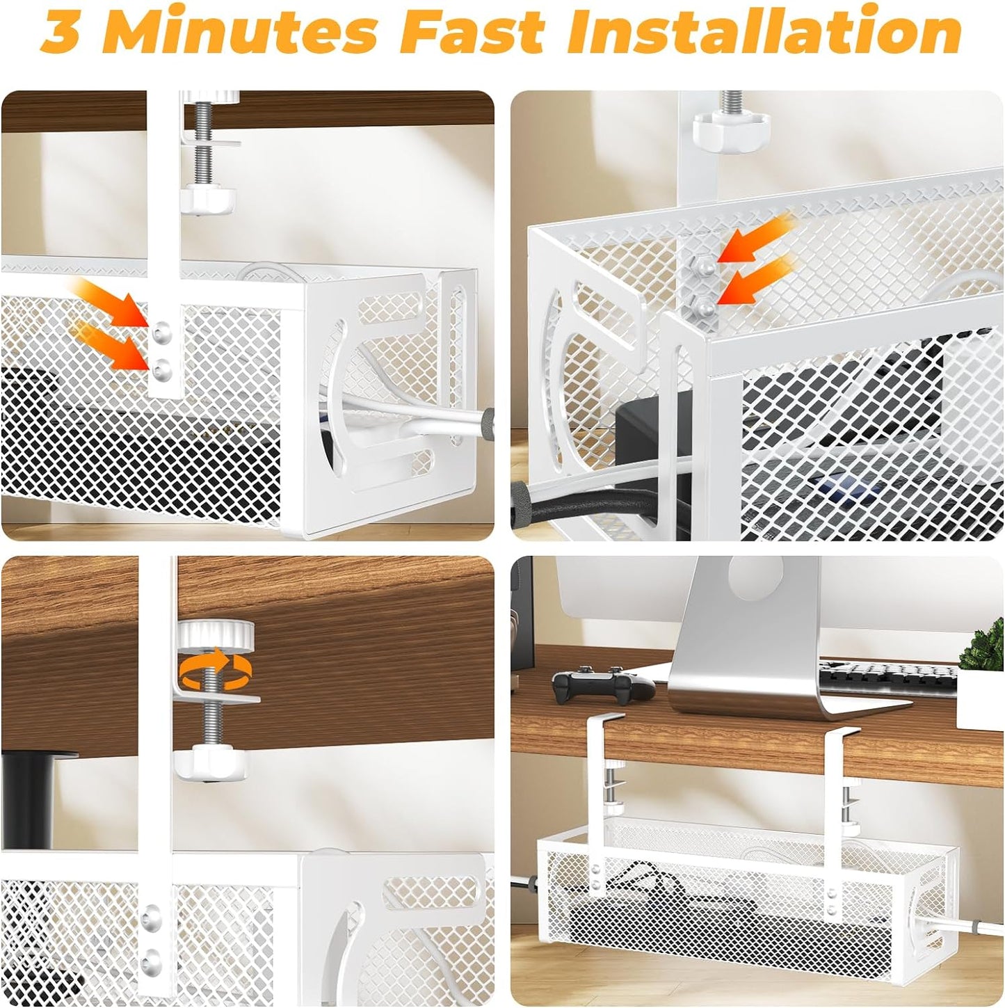 Under Desk Cable Management Tray, 15.7'' No Drill Steel Desk Cable Organizers, Wire Management Tray Cable Management Rack (1 Pack-White)