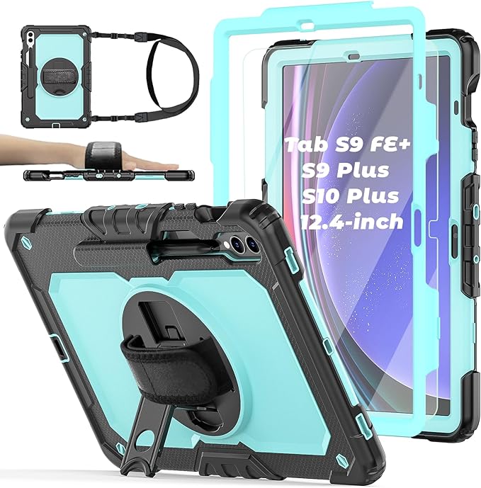 Case for Samsung Galaxy Tab S10 Plus/ S9 FE Plus/ S9 Plus 5G Tablet 12.4'', Shockproof Protective Cover with [Tempered Glass Screen Protector], Stand, Shoulder Strap & S Pen Holder (SkyBlue)