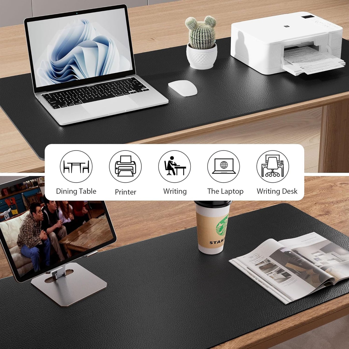 Aothia Non-Slip Waterproof PU Leather Desk Pad Protector for Mouse, Writing Desk, Office, Home, Laptop Blotter, 23.6" x 13.7", Black