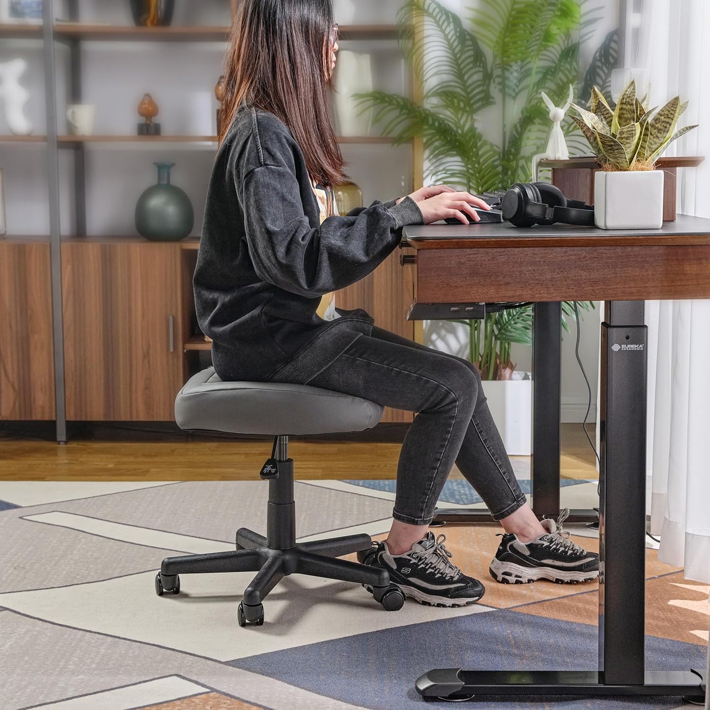 EUREKA ERGONOMIC Height Adjustable Foot Stool,19x18'' Large Seat Under Desk Footrest,Swivel Rolling Chair W Sturdy Wheels,Ottoman Stool Simple Meeting Chair for Home Office,Grey