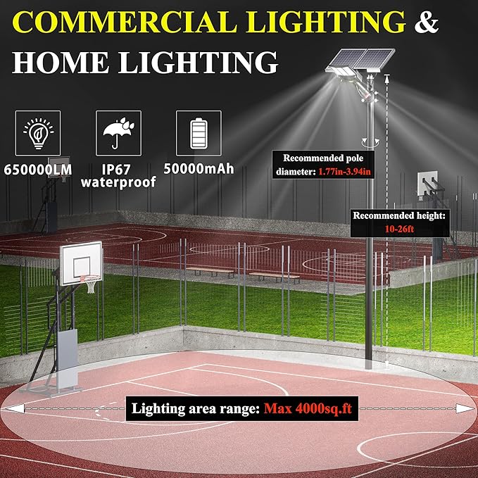 Gefolly SL-9800W Solar Street Lights Outdoor, 650000LM Commercial Parking Lot Light Dusk to Dawn IP67 Waterproof 6500K Security Flood Lights Lamp for Yard, Road, Basketball Courts