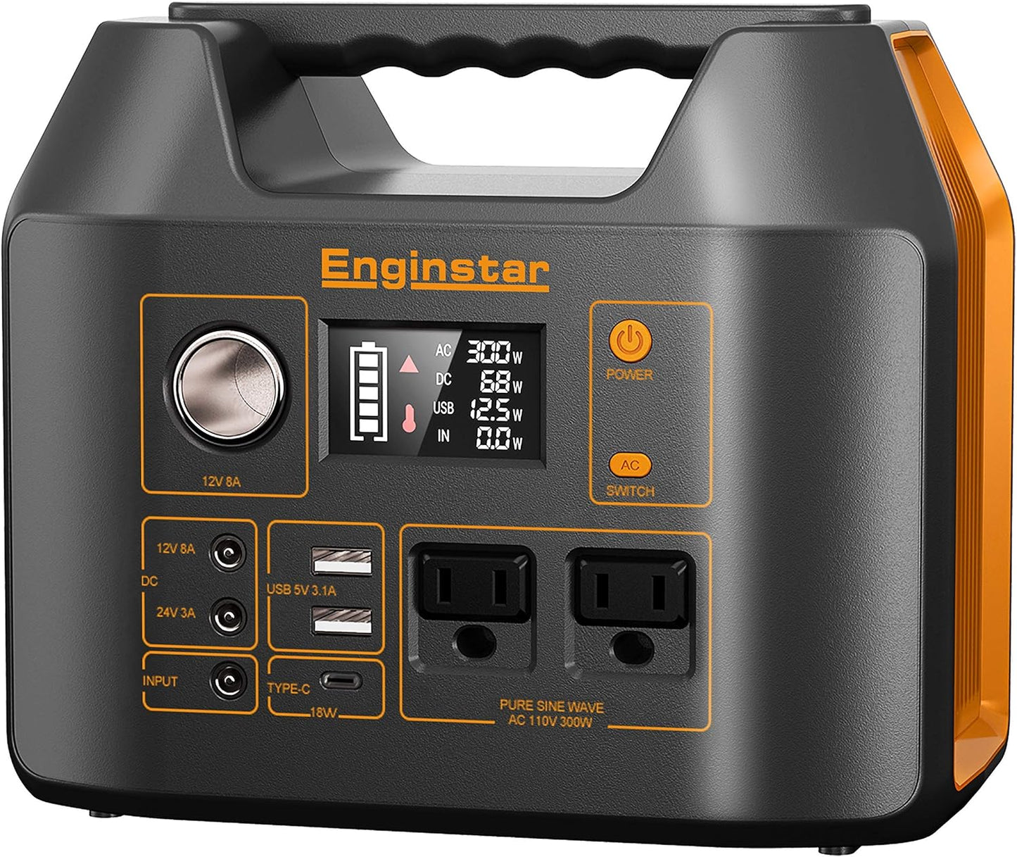 Portable Power Station EnginStar 300W Solar Generator 110V 296Wh Power Bank Two Pure Sine Wave AC Outlet 80000mAh Lithium Battery Pack for Camping Outdoors Trip RV Hunting Vans Emergency Backup