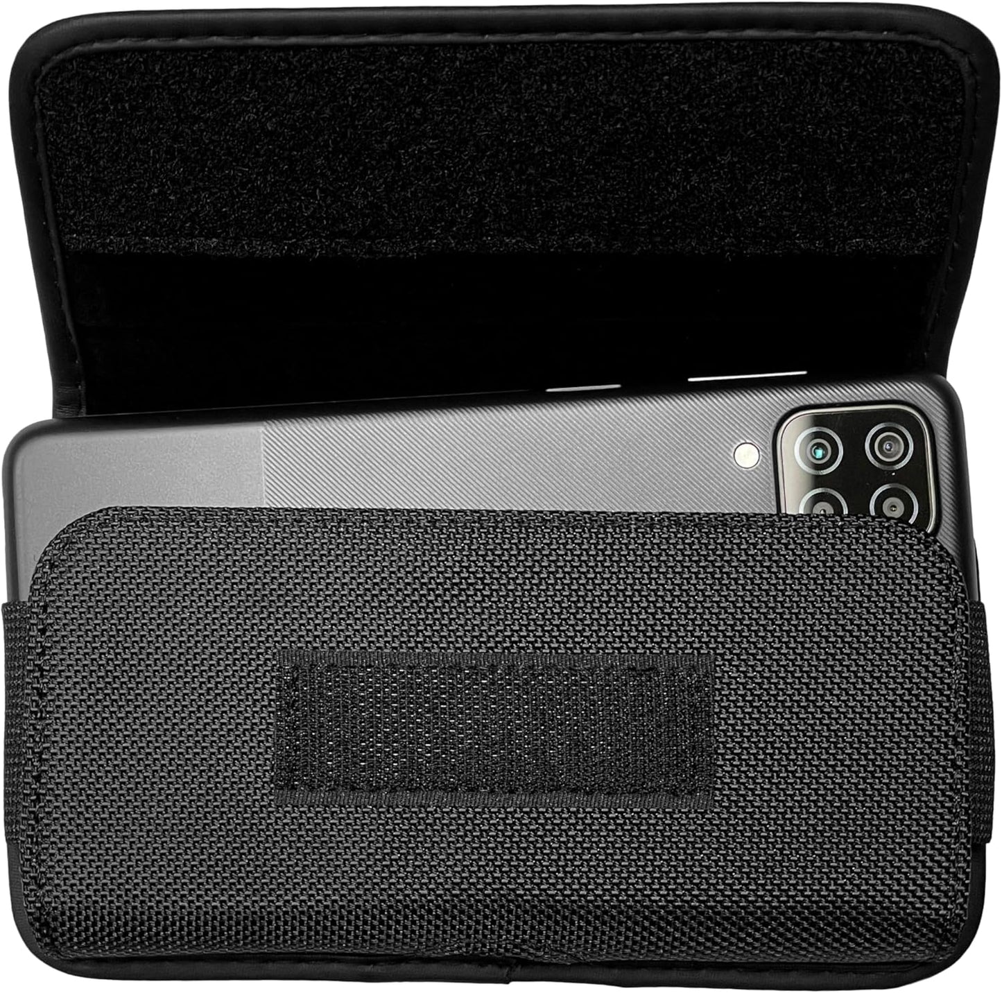 Nylon Cellphone Holster for iPhone 11 Pro Max, XS Max,8/7 Plus, Samsung Galaxy s22,S23,S24 TCL 40 xe, ion x, ion v - Horizontal Case Canvas Waist Carrying Pouch with Belt Clip/Loops, Black