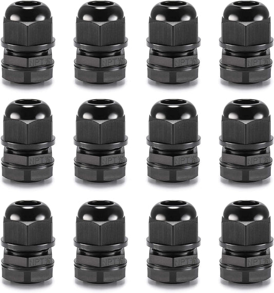 QILIPSU 12pcs 3/8" NPT Cable Gland Waterproof IP68 Nylon Cable Pass Through Cord Grip Connector Strain Relief Wire Grommet
